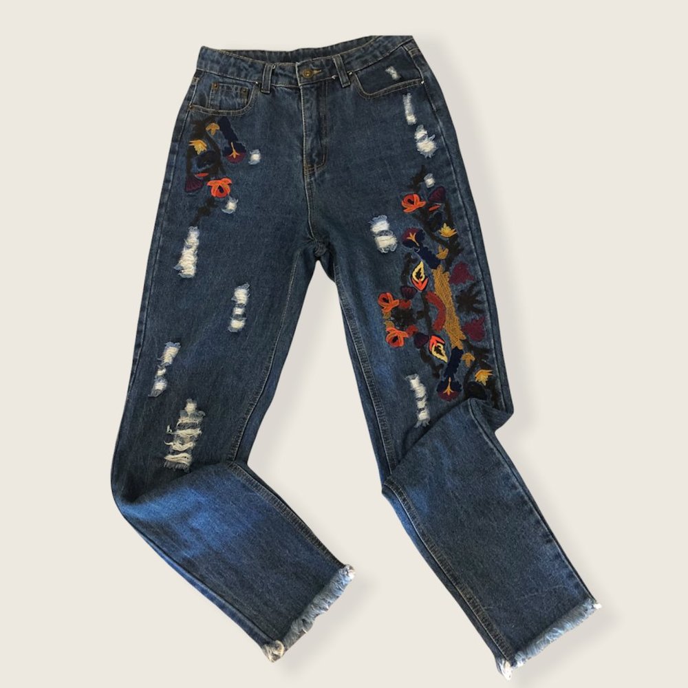All Saints Flower Embroidered High Rise Jeans-XS
